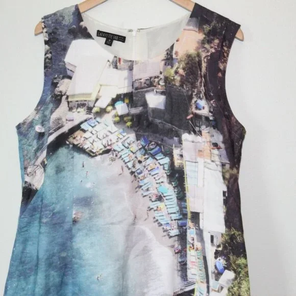 Lafayette 148 New York 100% Linen Beach Scene Shift Sheath Dress Size 14 H13021 - Picture 3 of 9